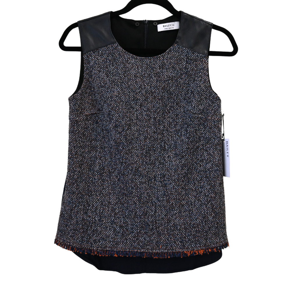 Bailey 44 Hopper Navy Blue Orange Tweed Sleeveless Fringed Top Size XS